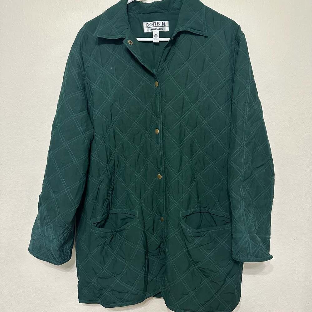 Vintage Corbin Threads Silk Quilted Barn Jacket Women’s M Green Snap Front Coat